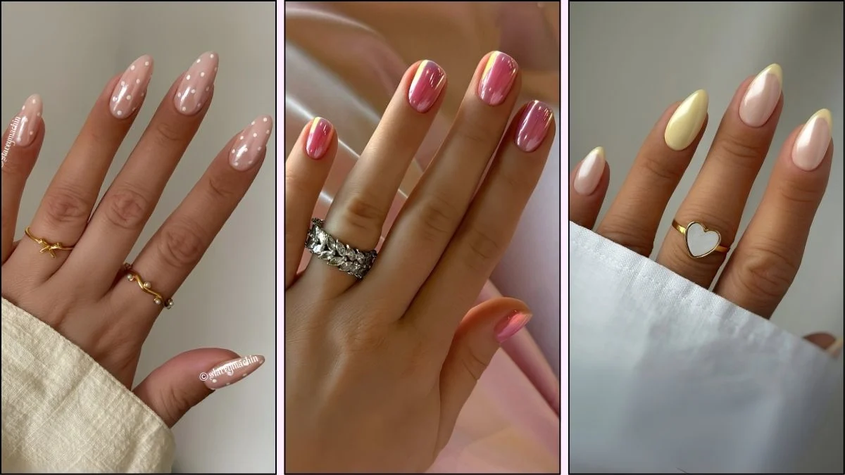 A collage of chrome nail designs for summer