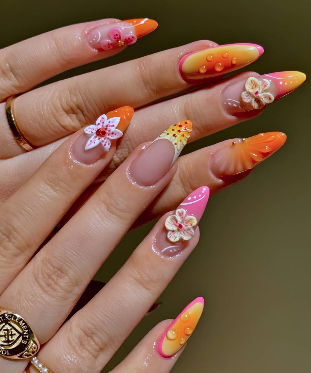 Sunset inspired nails with 3d flowers