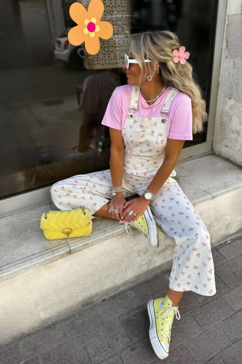 T-shirt and floral overalls