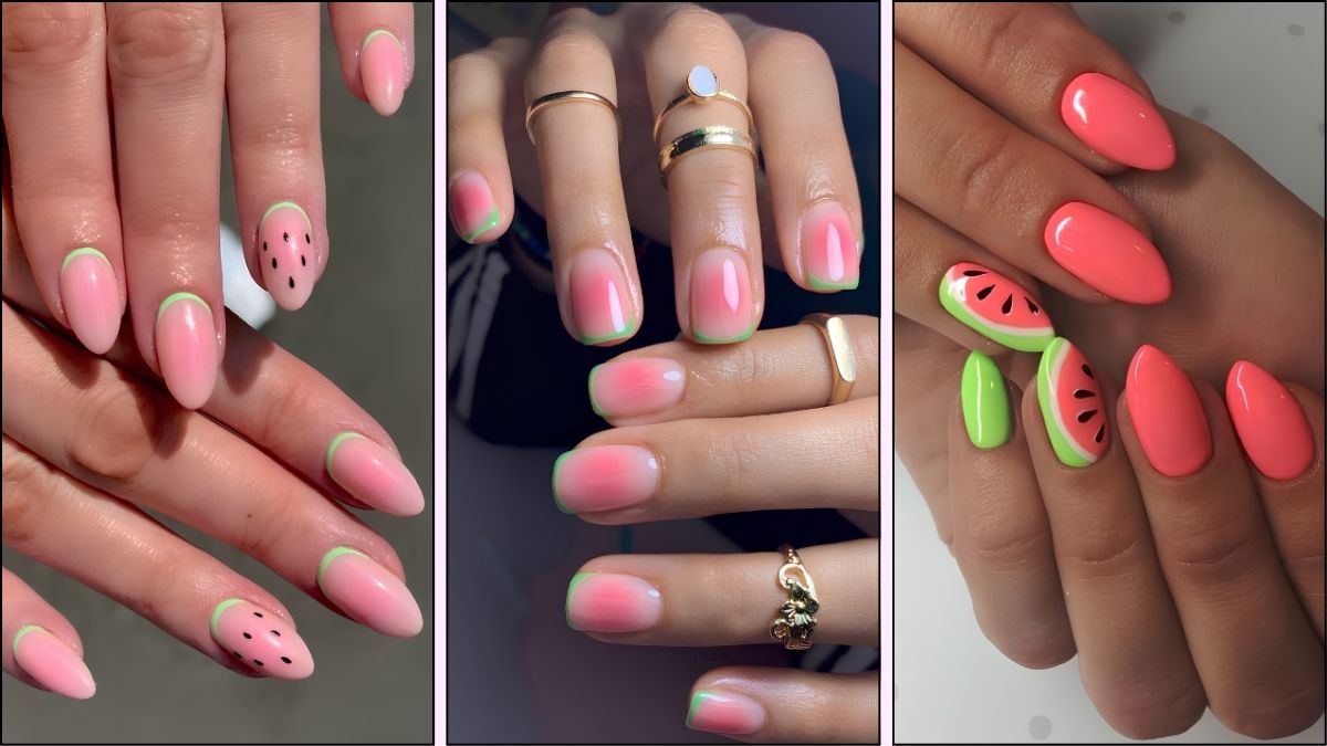 A collage of watermelon nail designs