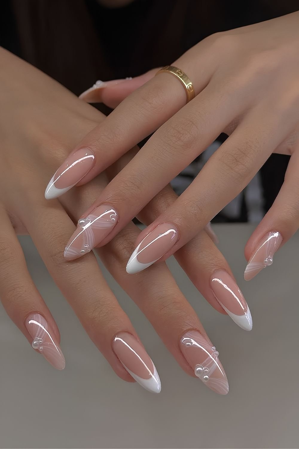White French mani with drapes design and pearls