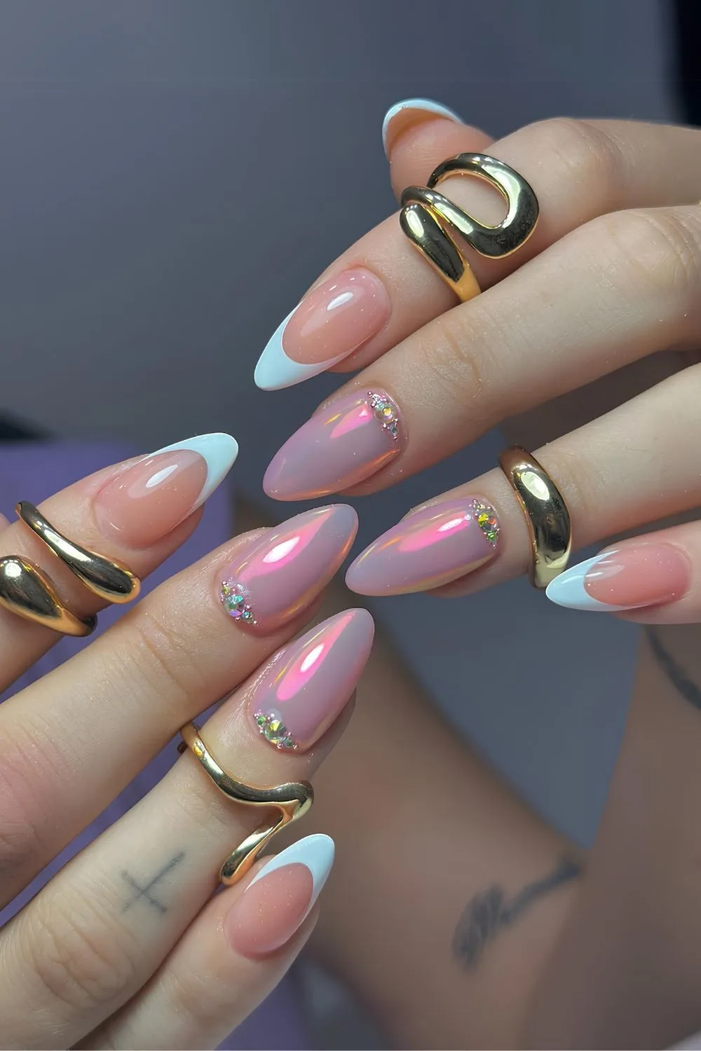 White French nails with pink chrome accents