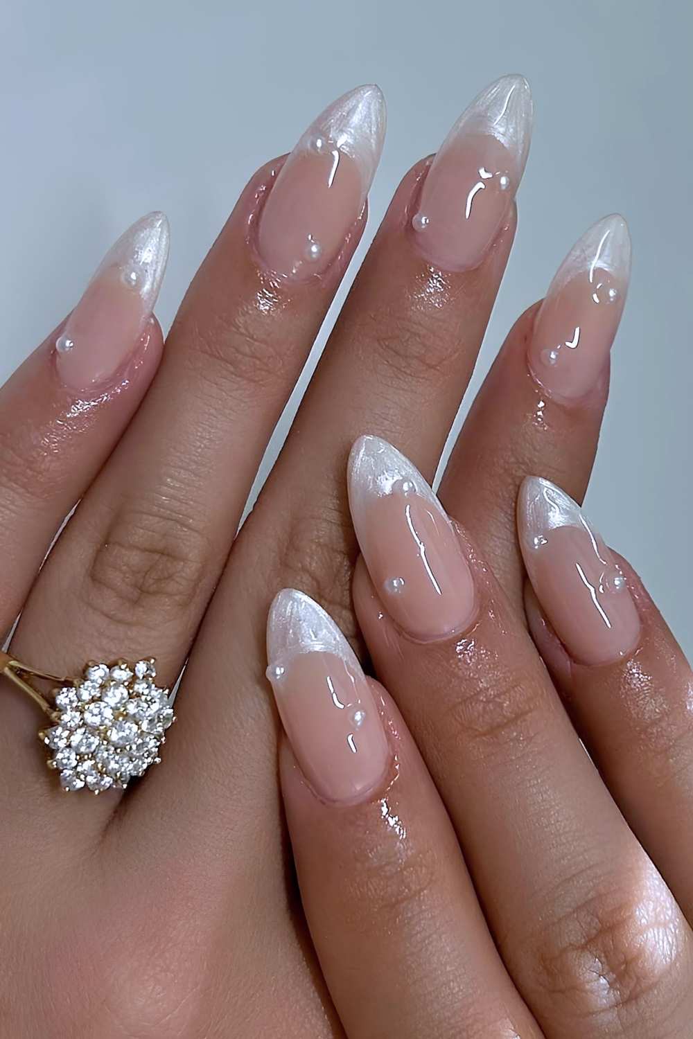 White oyster shell French mani with pearls
