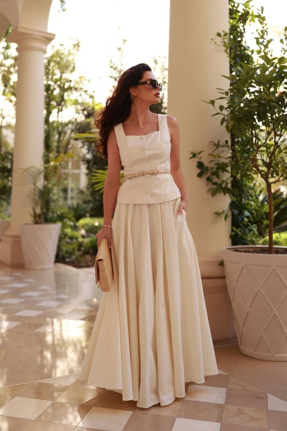 White top and maxi skirt