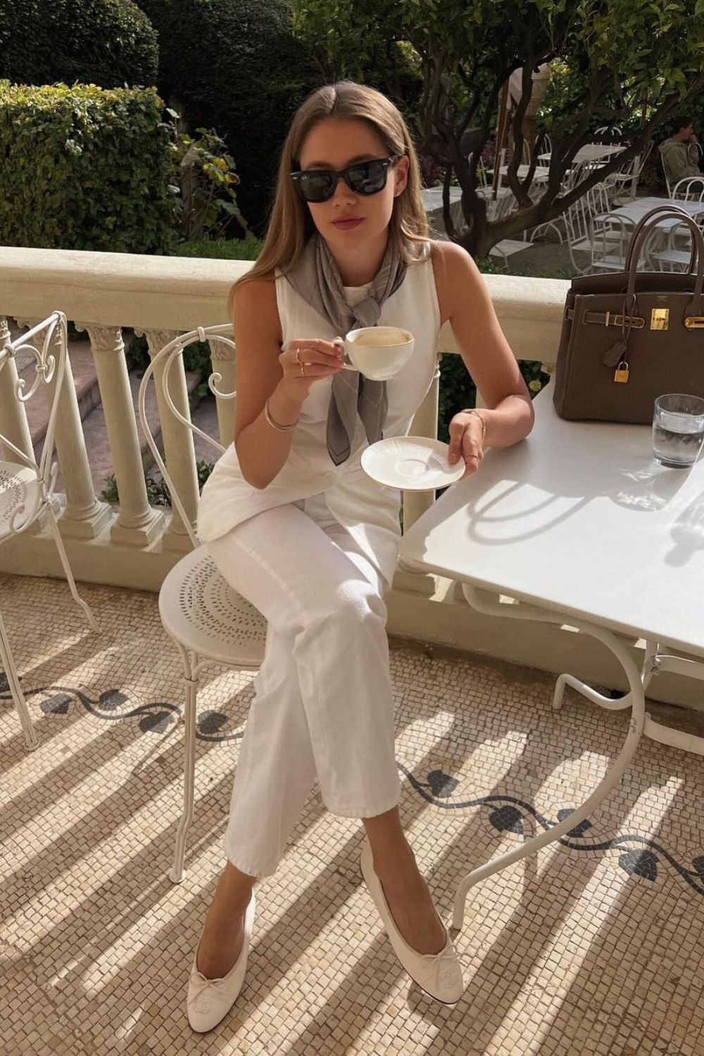 White top and pants with scarf