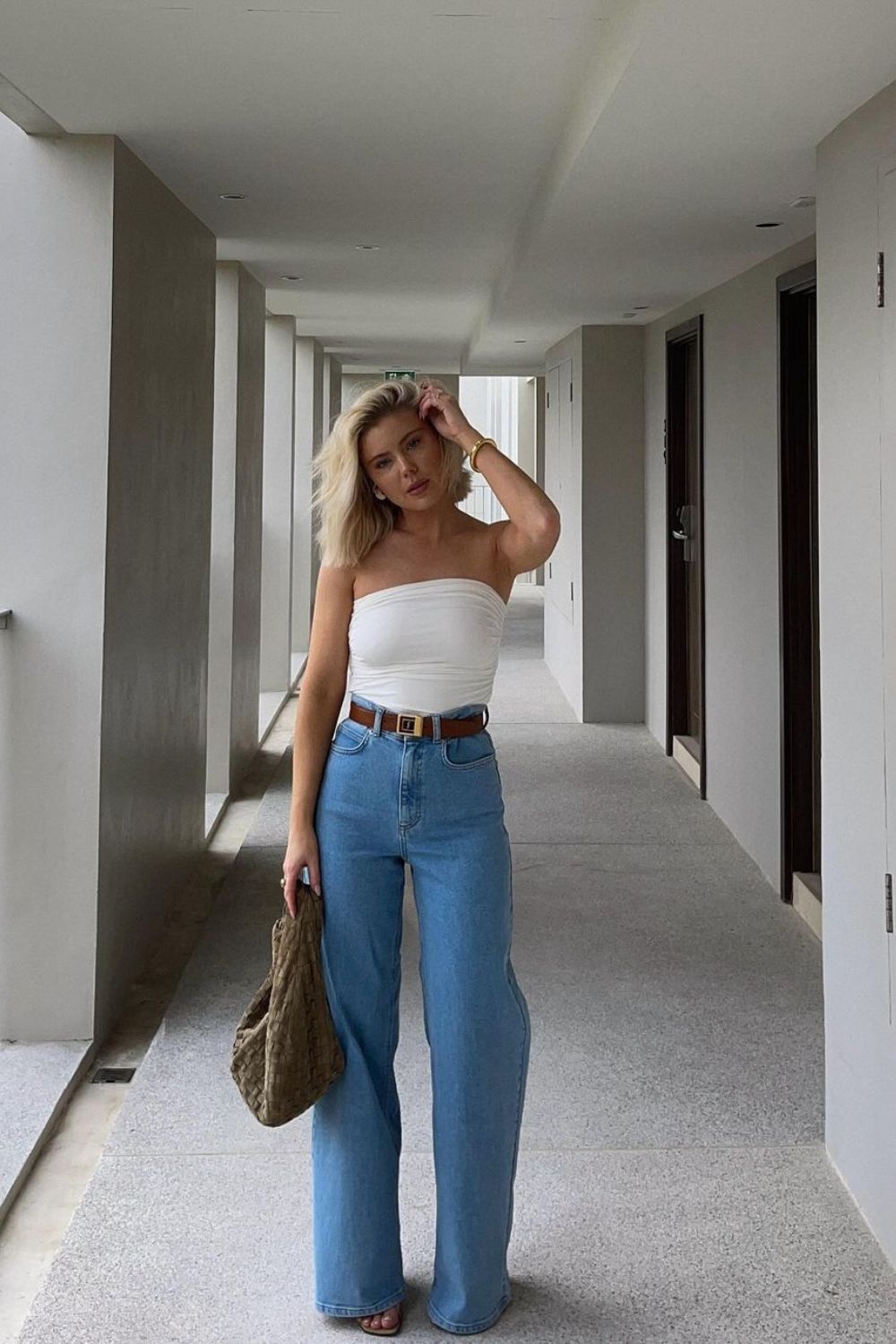 White tube top and wide-leg jeans