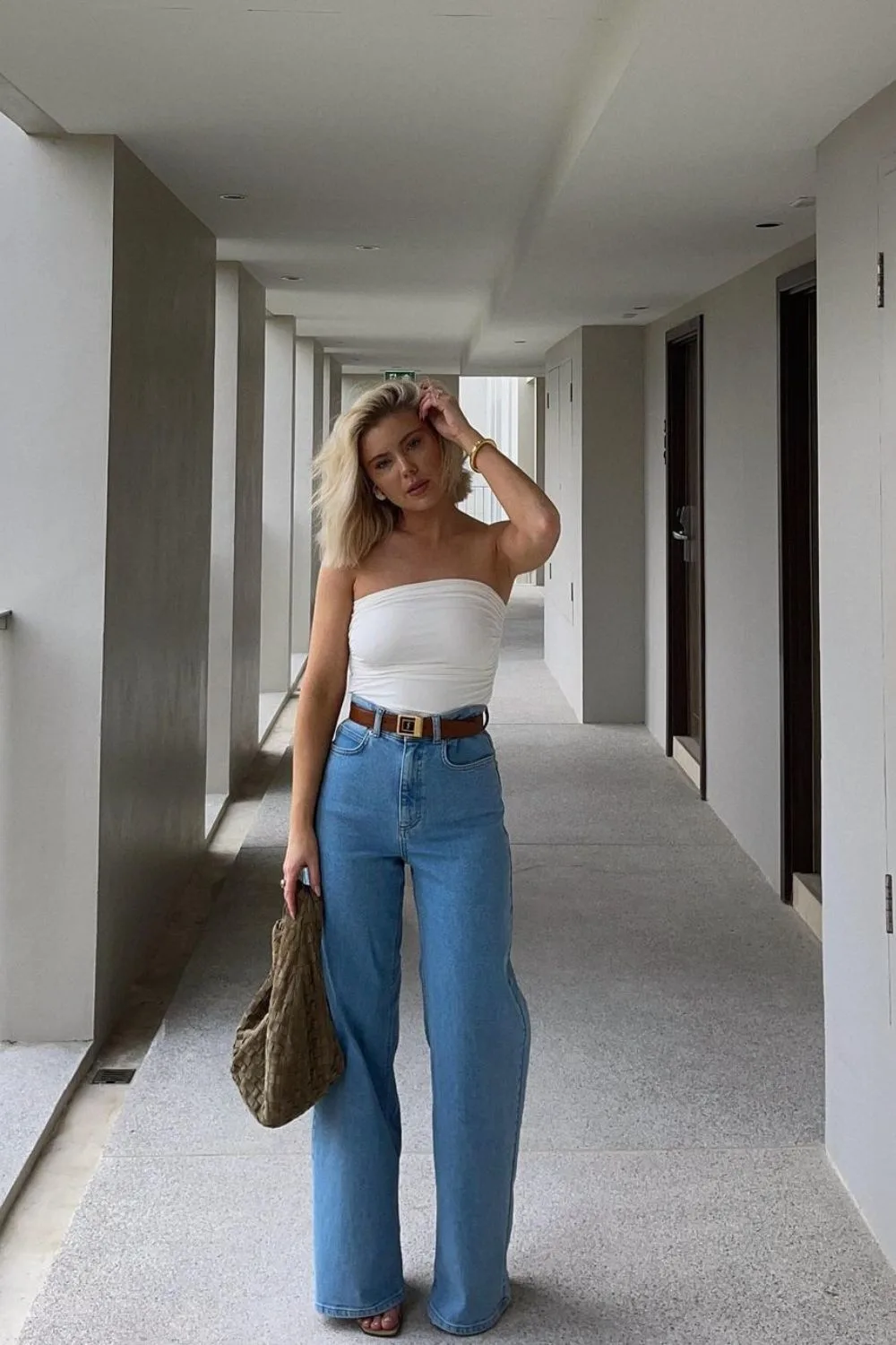 White tube top and wide-leg jeans