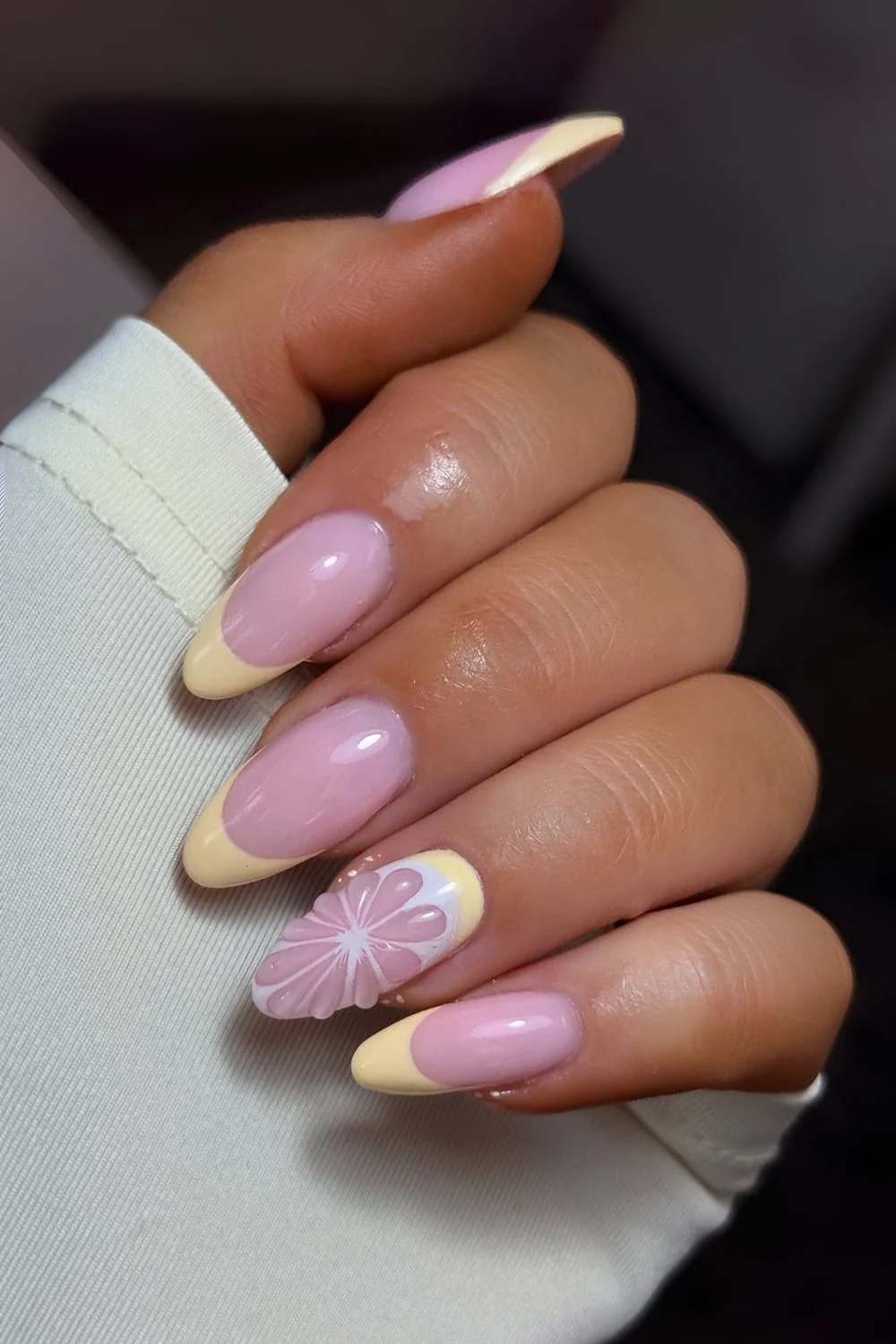 Yellow French mani with textured lemon slice art