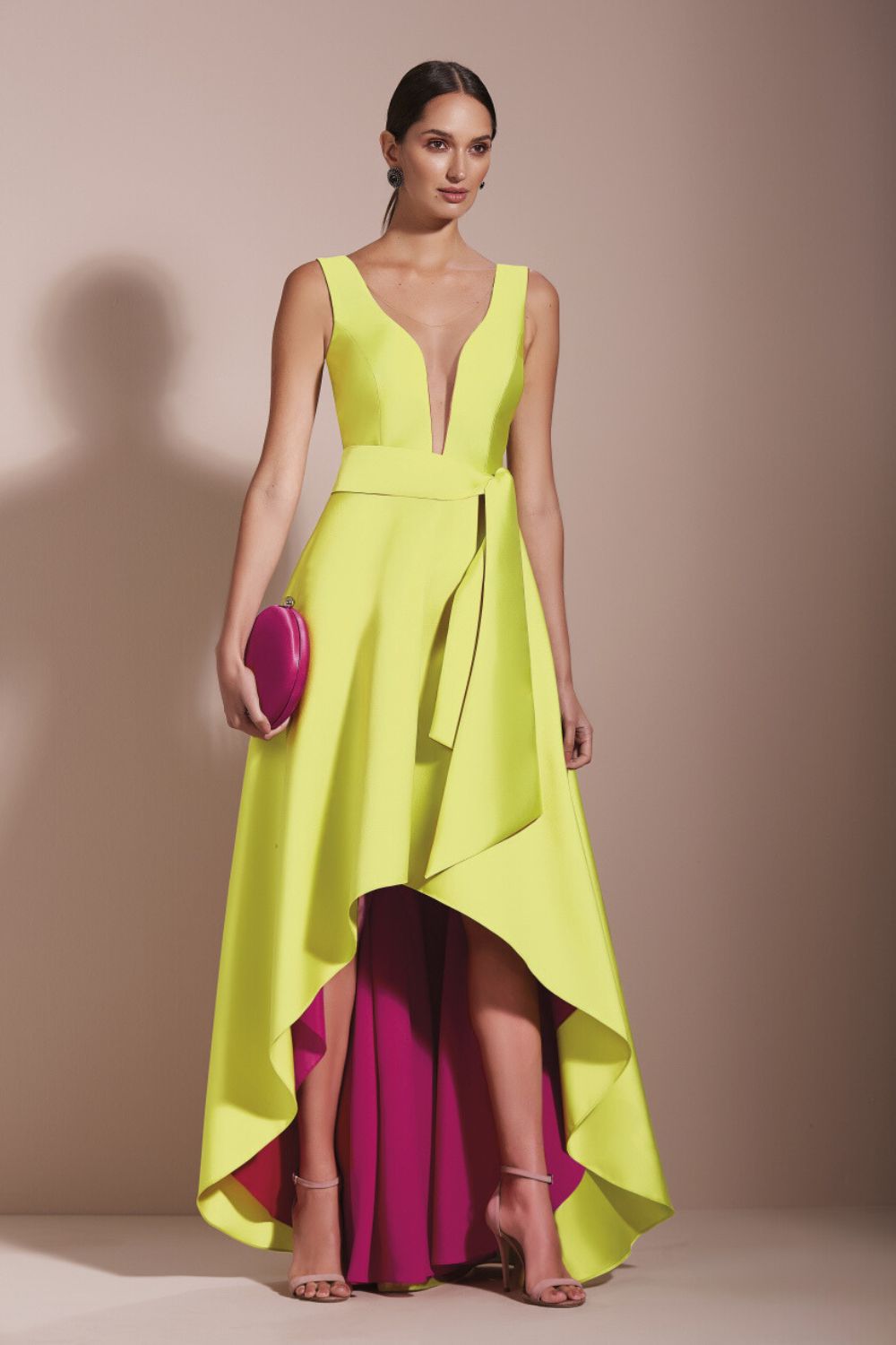 Yellow and magenta plunge dress