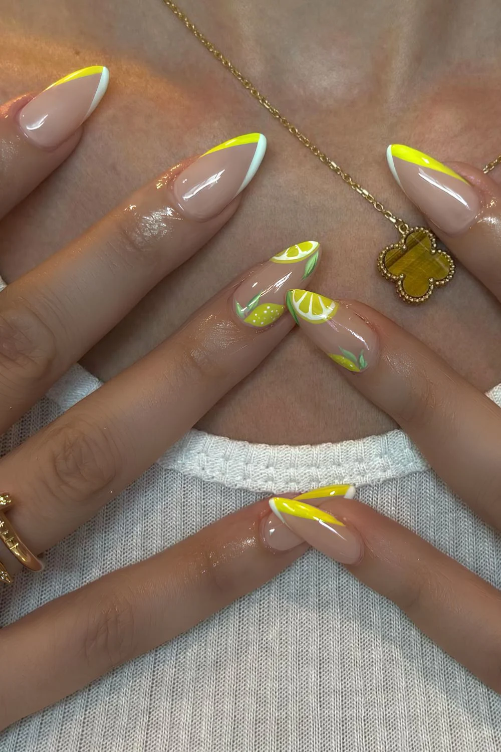 Yellow and white pointed French mani with lemons