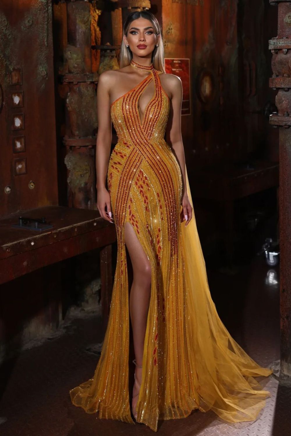 Yellow halter beaded gown