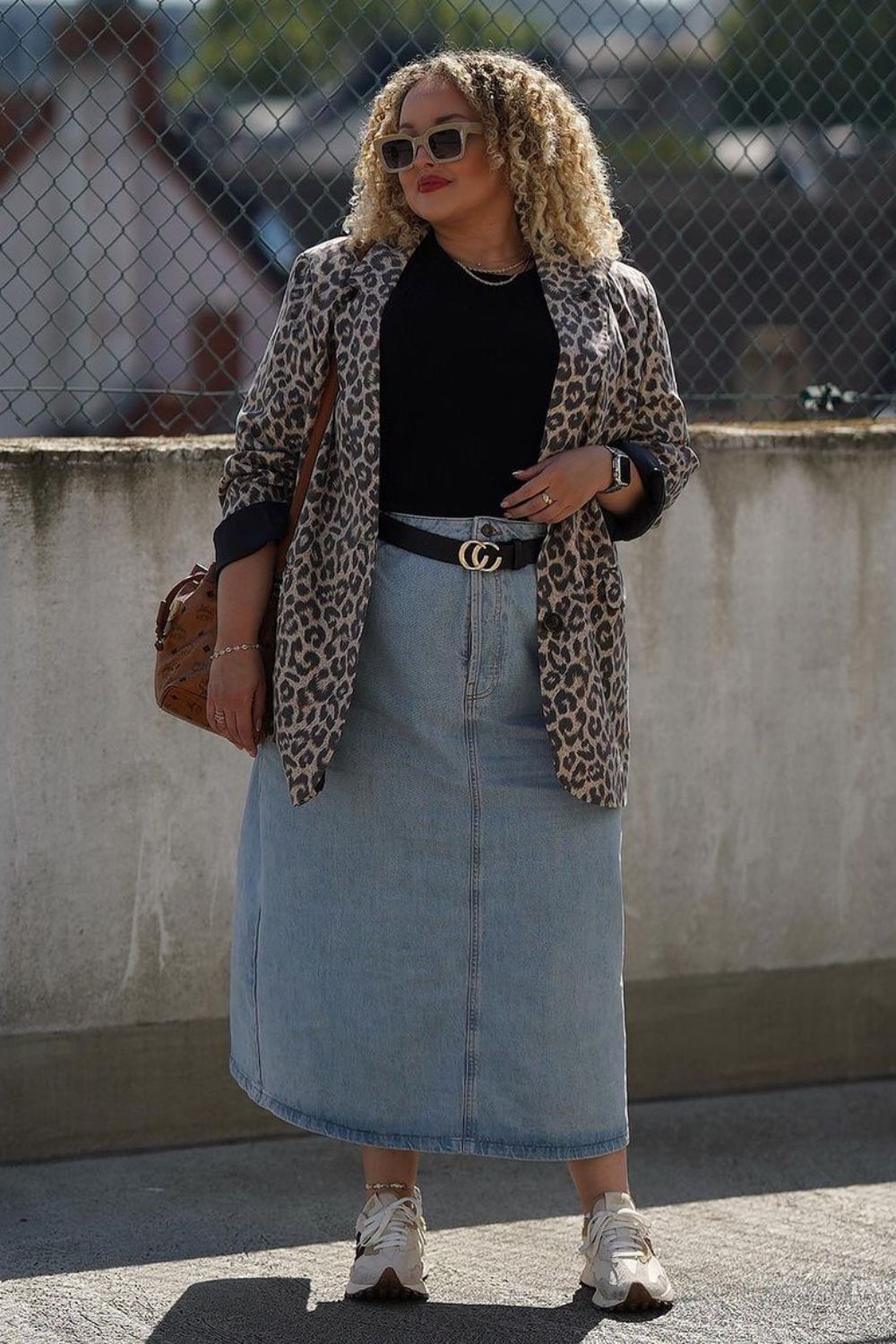 jeans skirt and leopard blazer