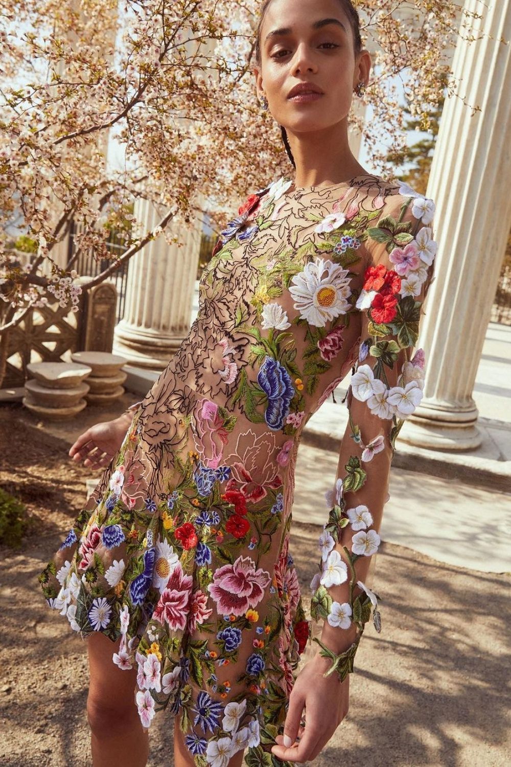 model in floral dress woth long sleeves