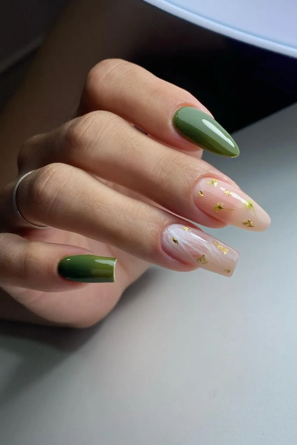 olive green, white marbel and gold accents summer nails