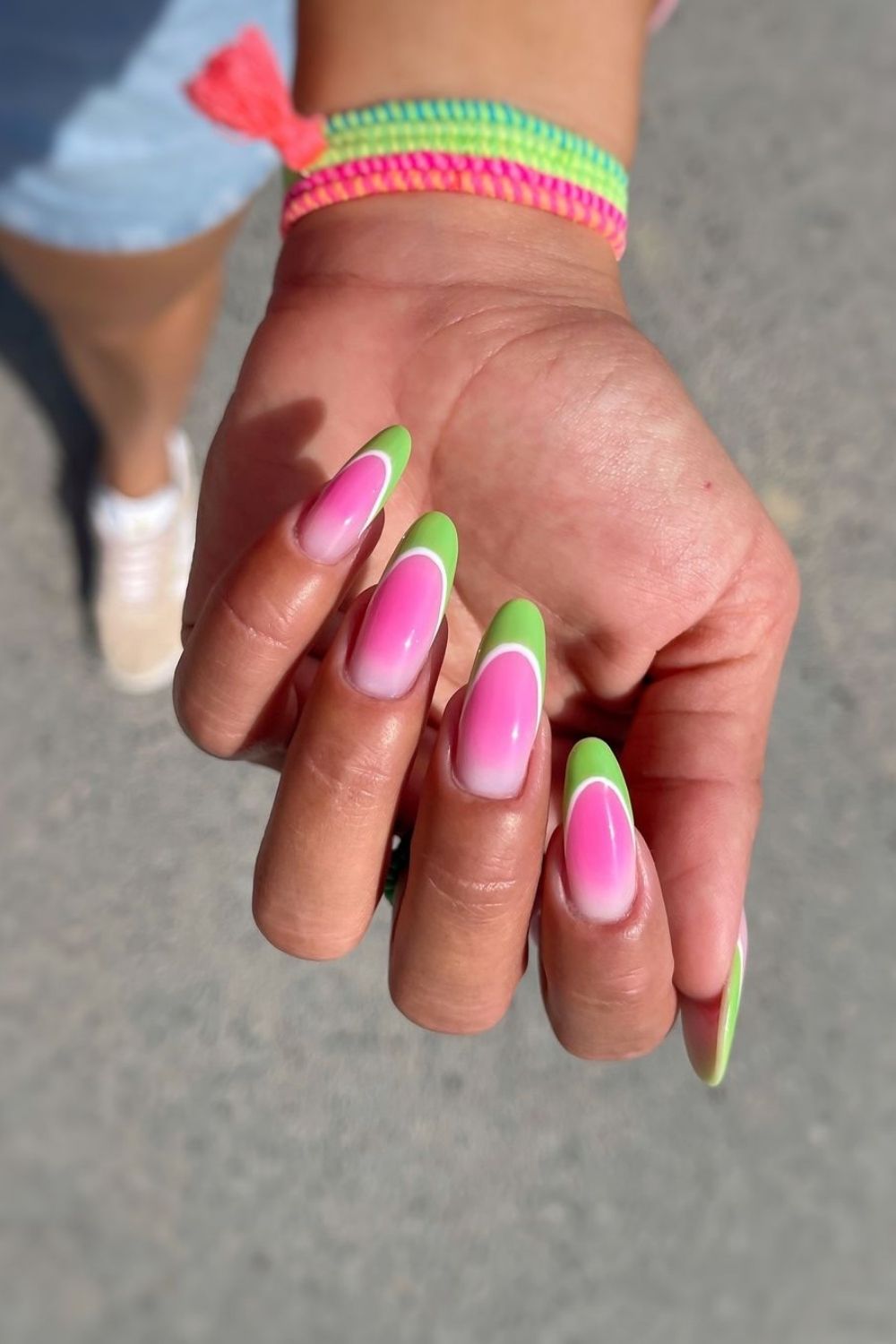 pink base with green french tips