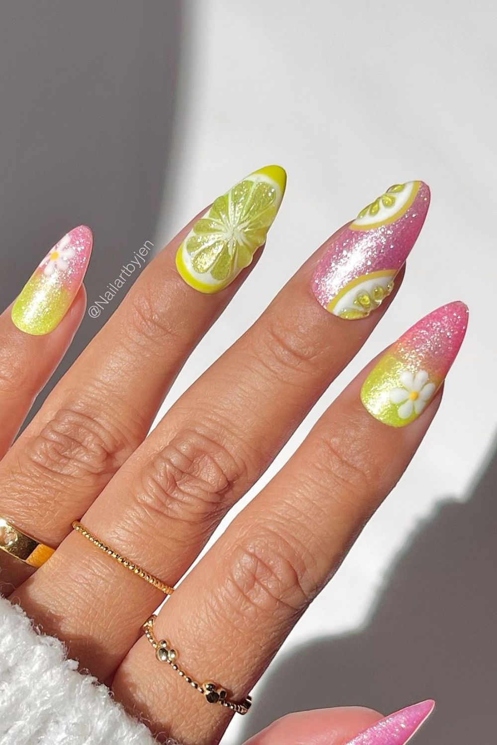 pink glitter with lemon nails