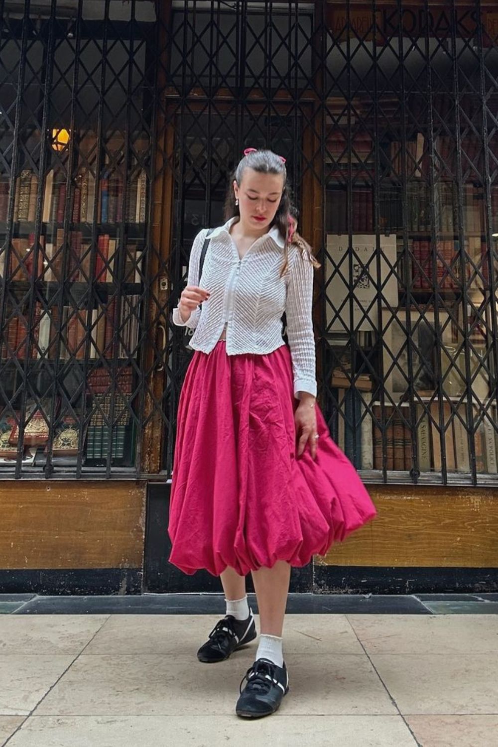 pink skirt and white blouse