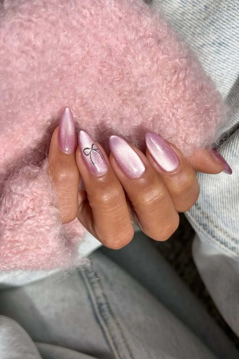 pink velvet nails with bow