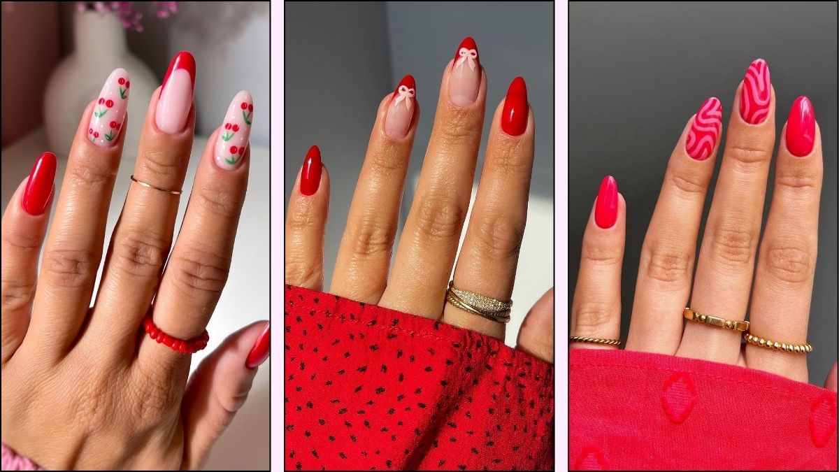 A collage of red summer nail designs