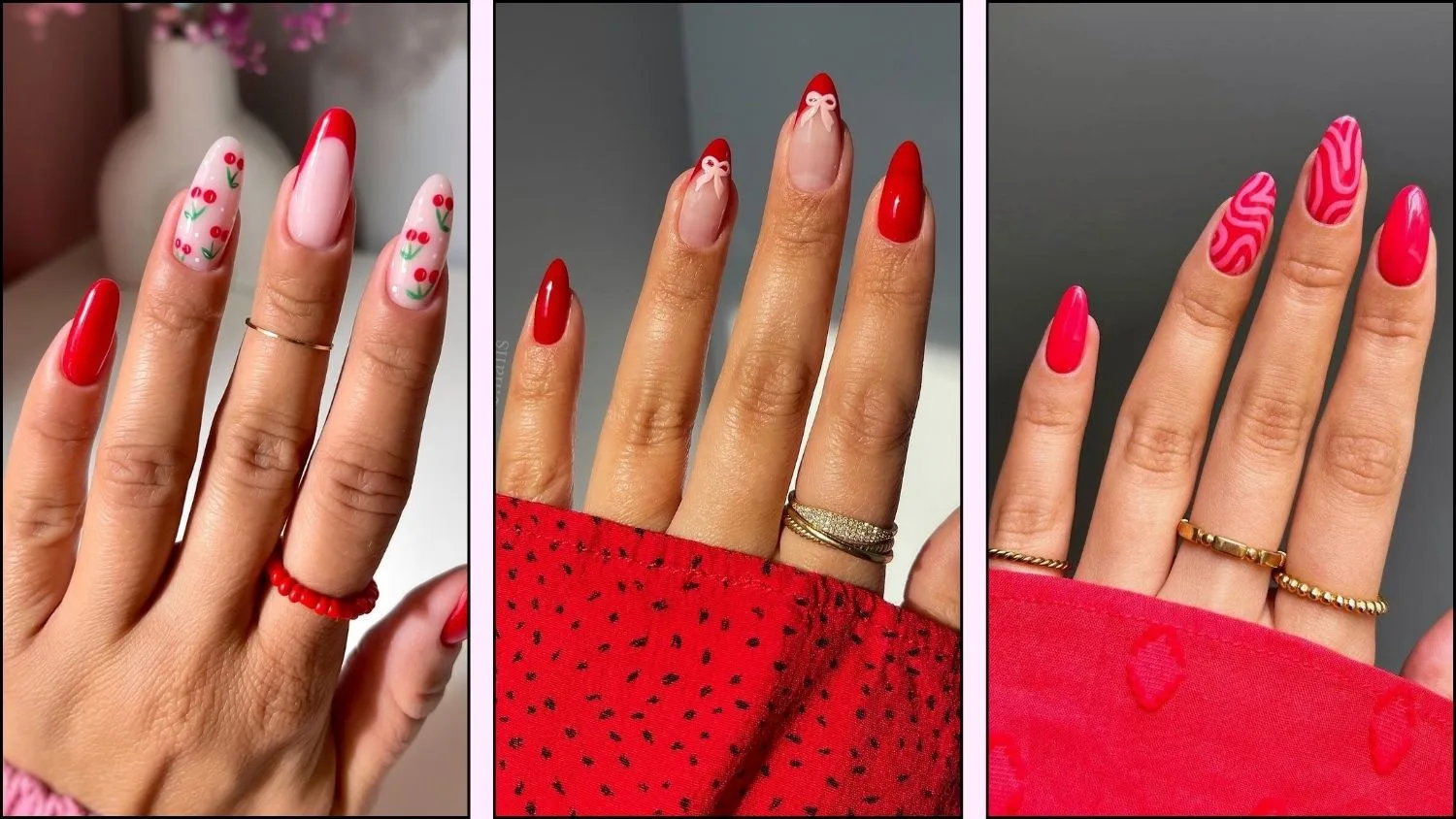 A collage of red summer nail designs