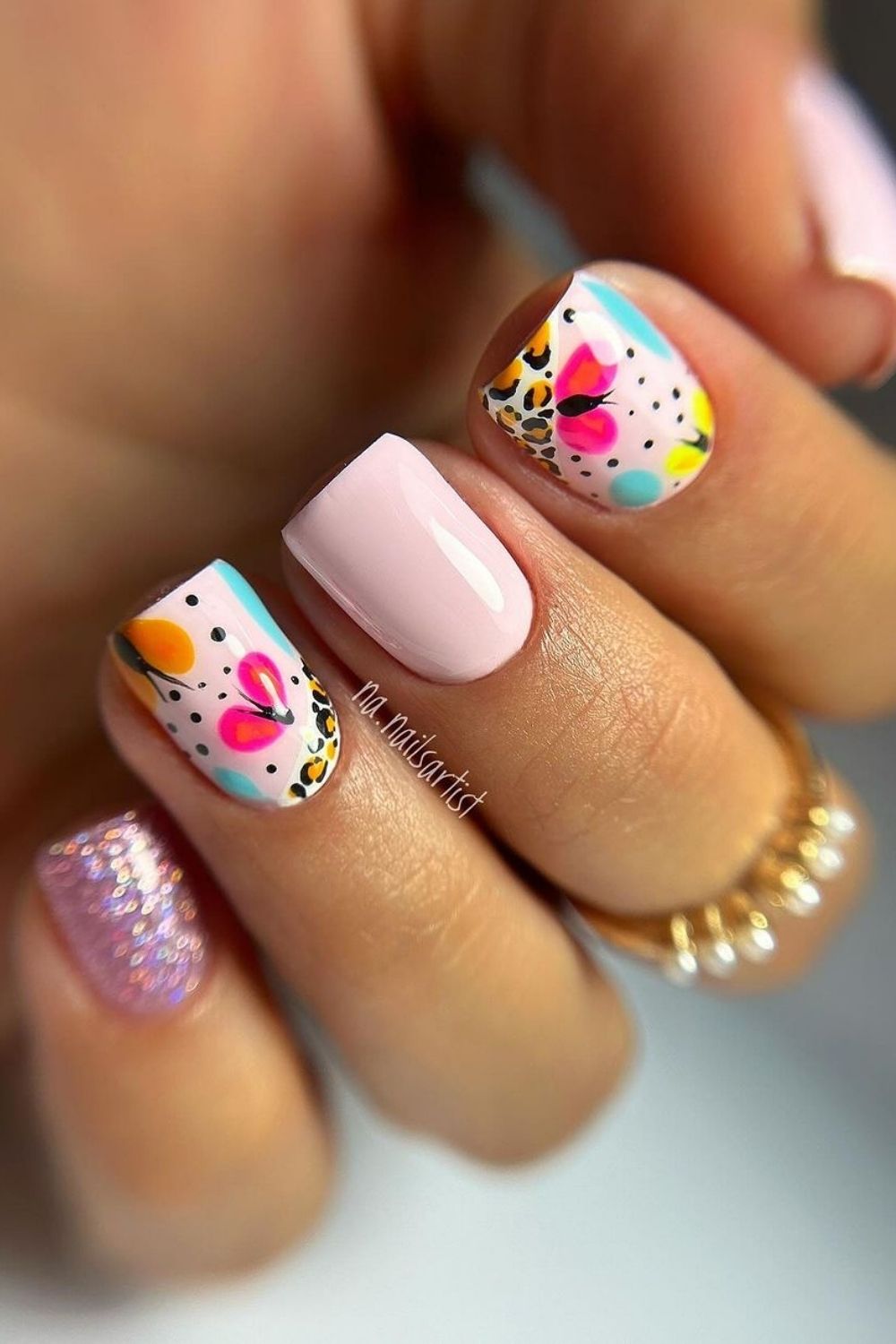 soft pink base with colorful design