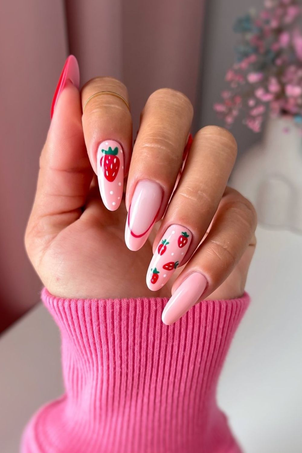 strawberry nails with polka dots