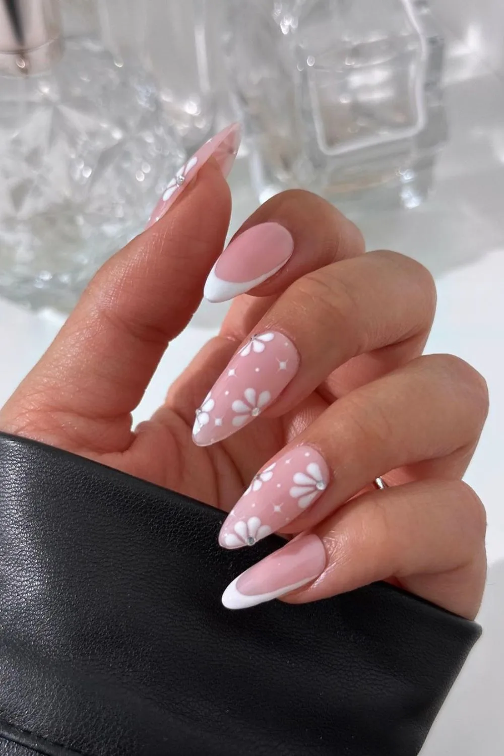 white flowers and french manicure