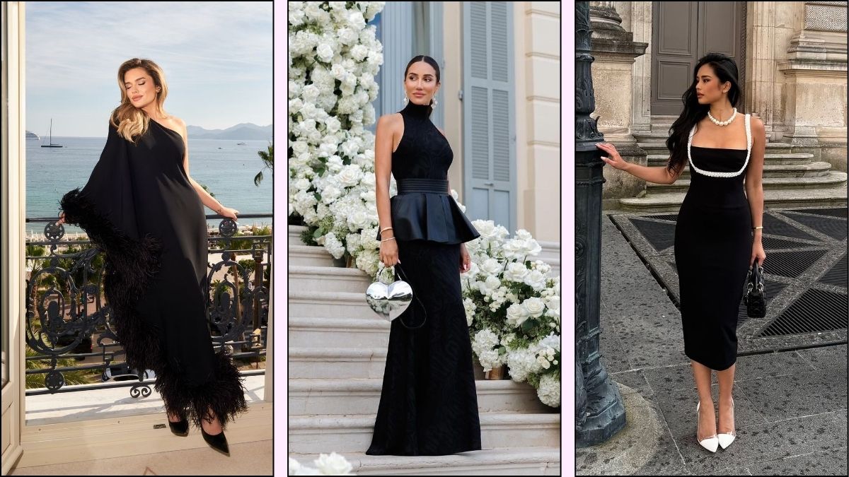 collage of three black evening dresses