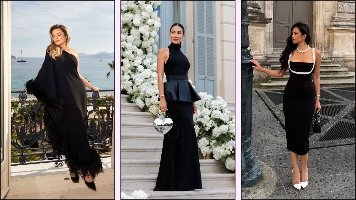 collage of three black evening dresses