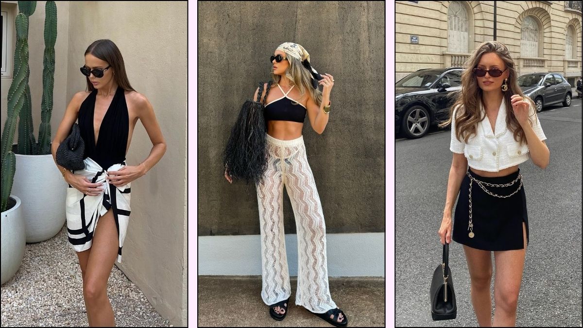 a collage of black and white summer outfits