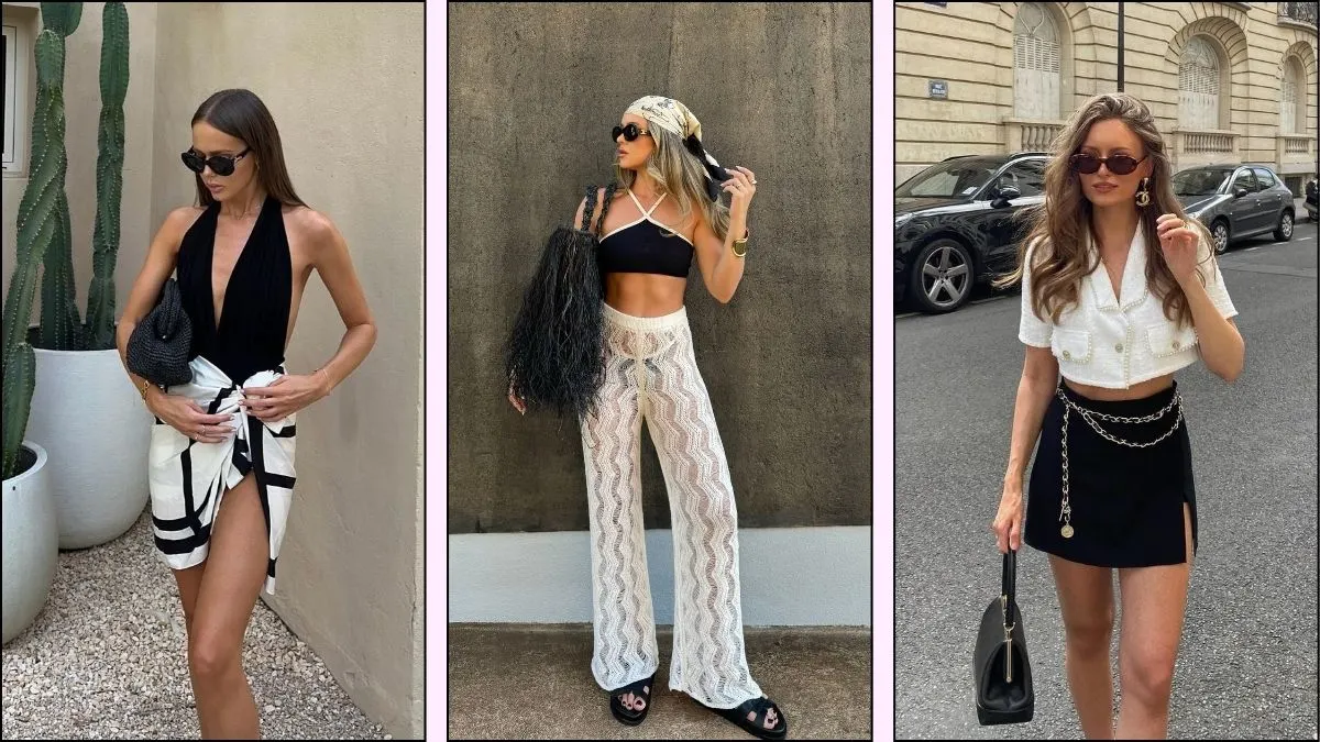 a collage of black and white summer outfits