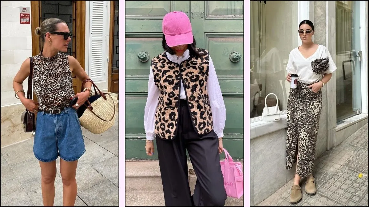 a collage of three leopard print outfits