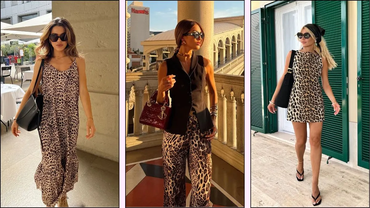 a collage of three leopard print summer outfits