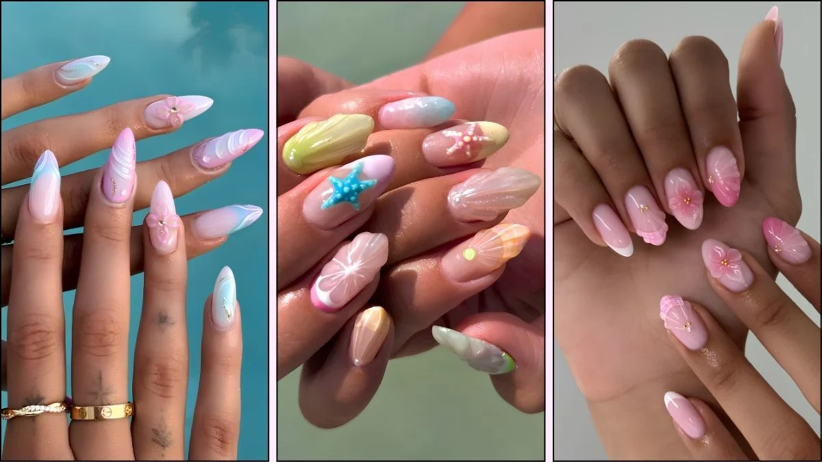 A collage of beach-inspired nail art