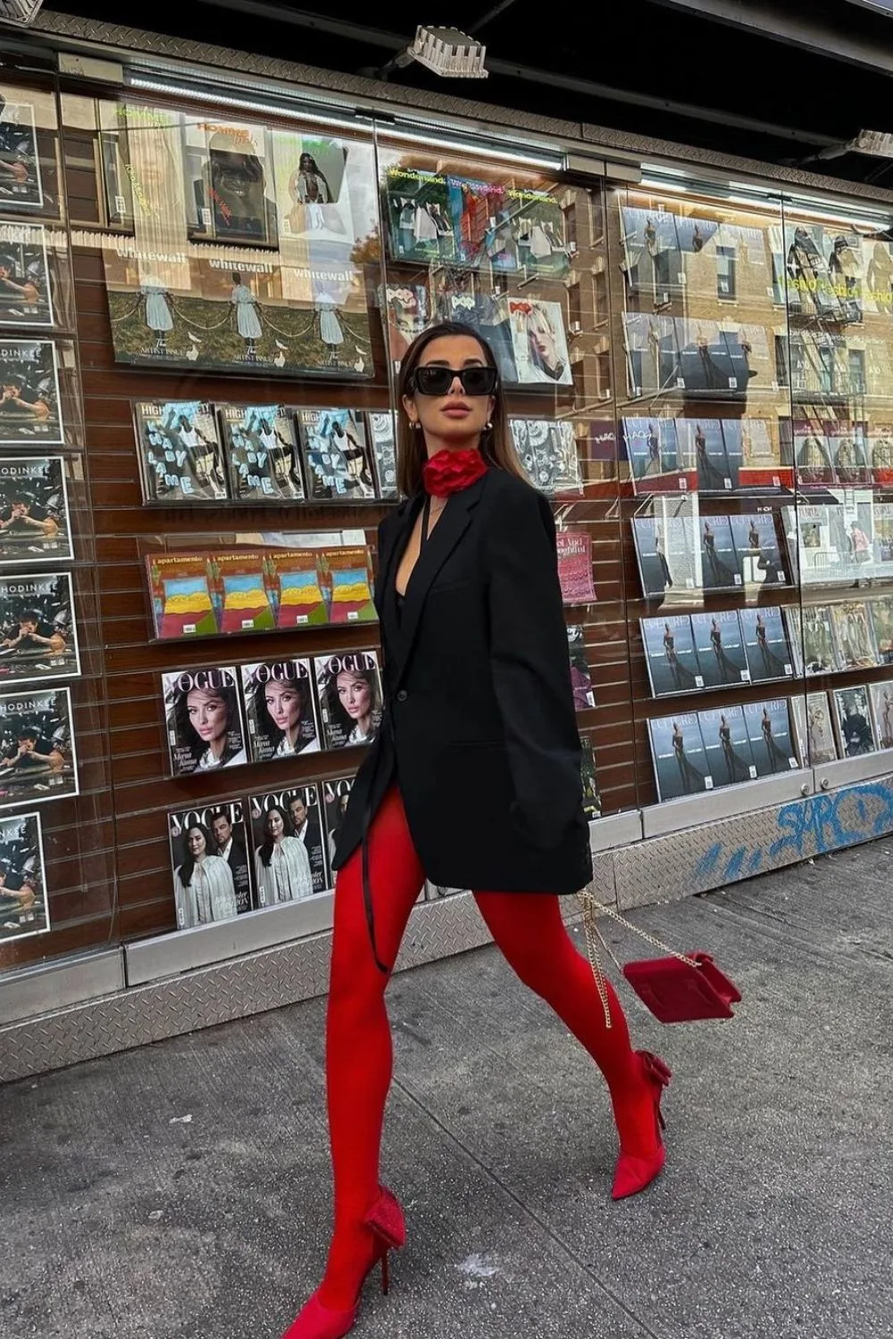 Black Blazer & Red Tights and Heels