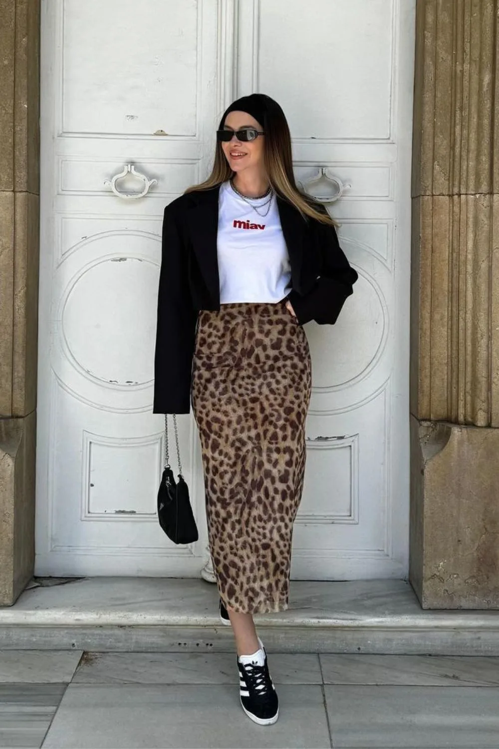 Black Blazer and Leopard Skirt