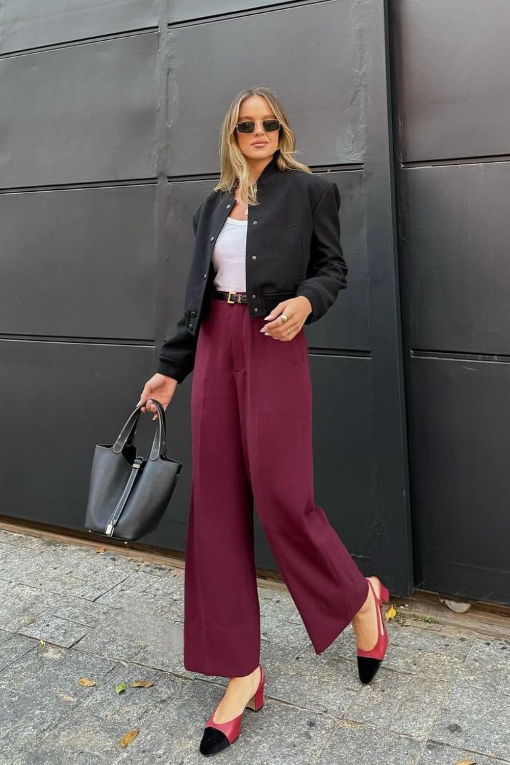 Black Jacket & Burgundy Pants