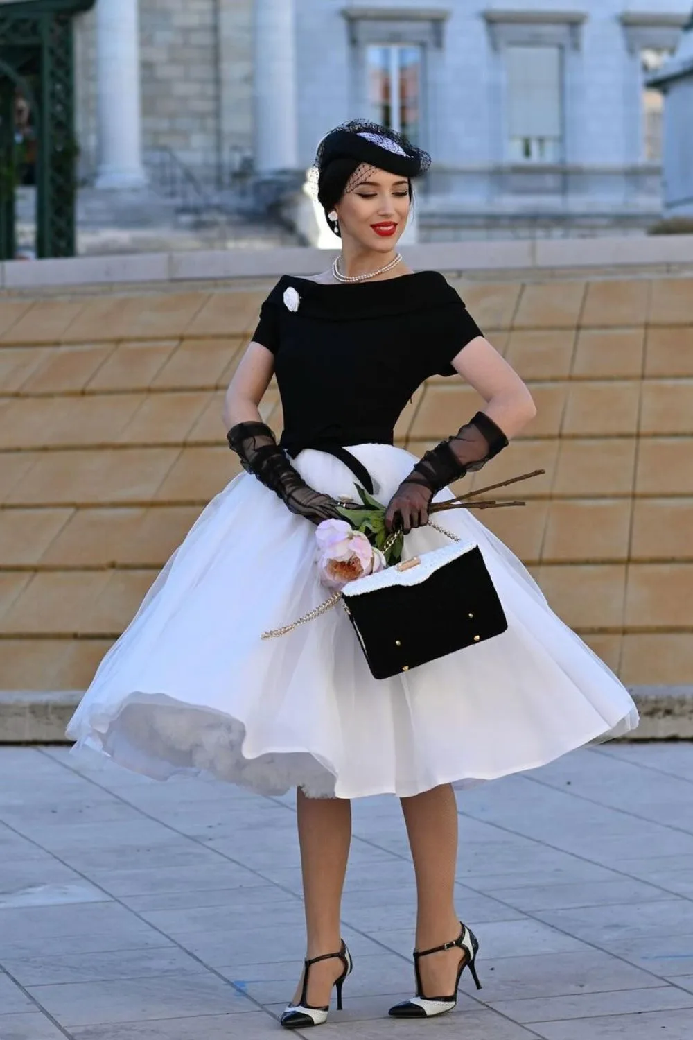 Black and White Dress with Tulle Skirt