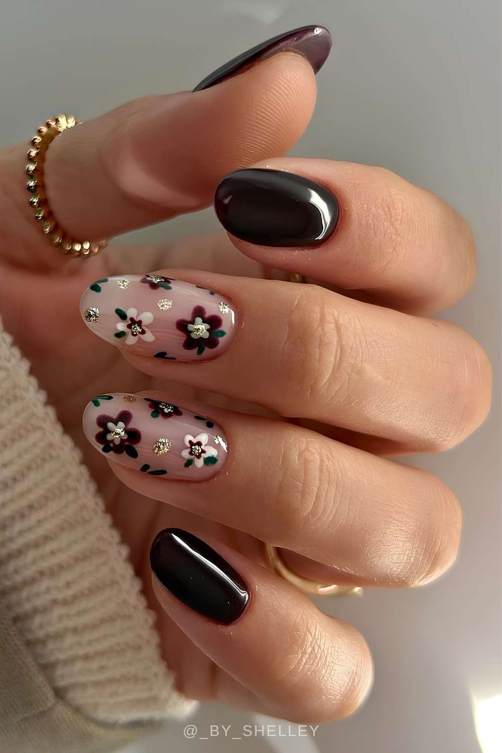 Black cherry nails with flowers and glitter