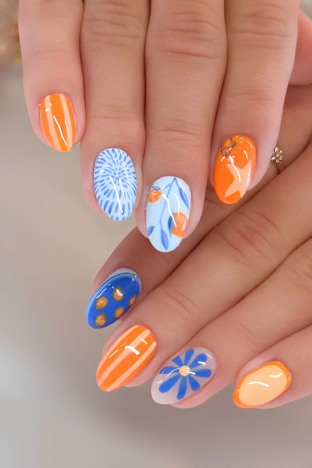 Blue and orange summer nails