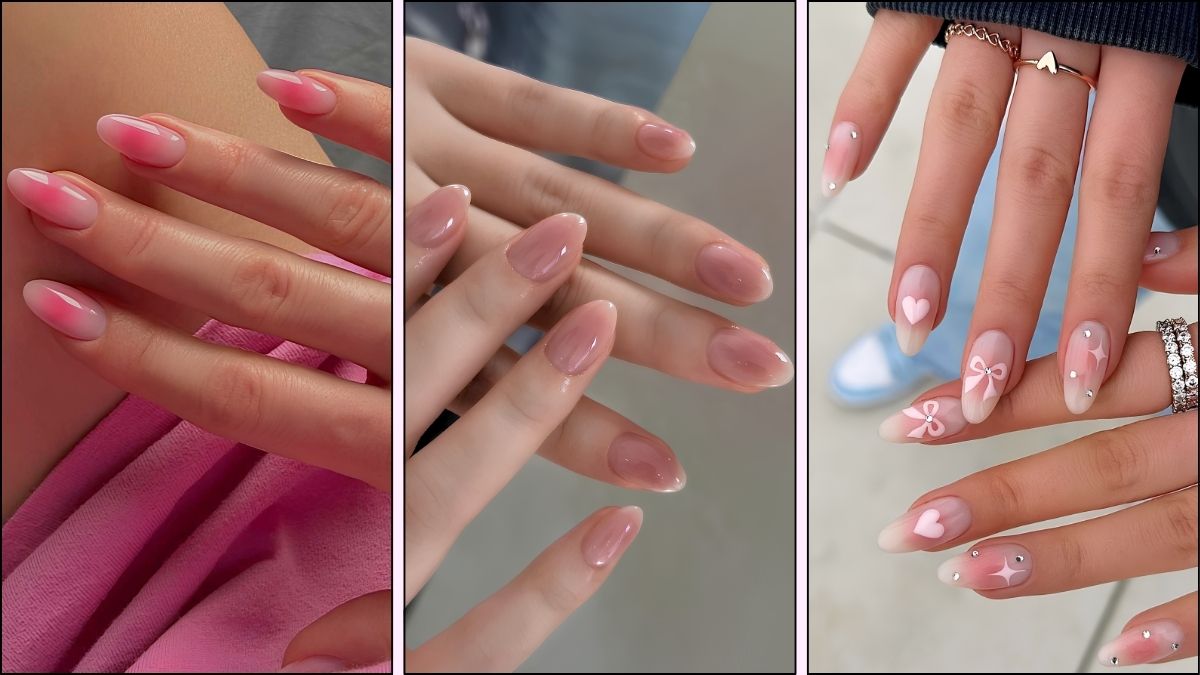 A collage of blush-effect manicures