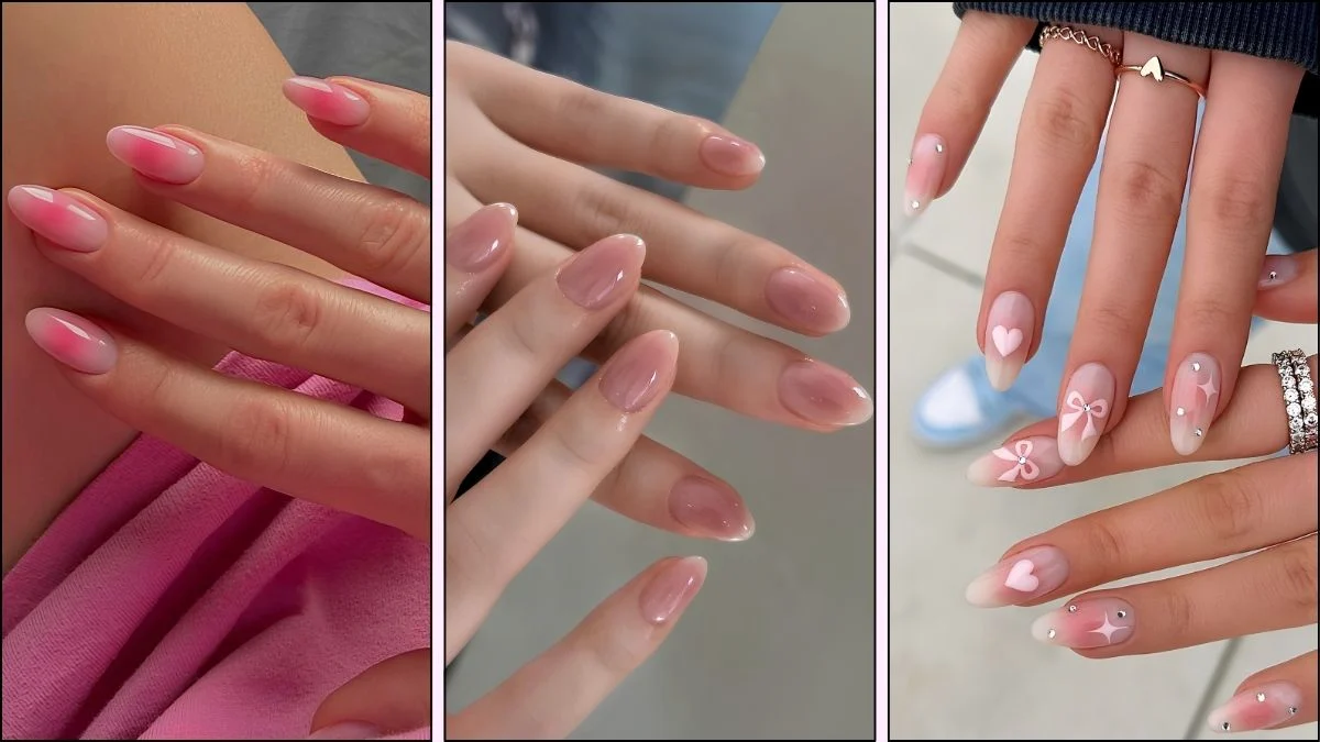 A collage of blush-effect manicures