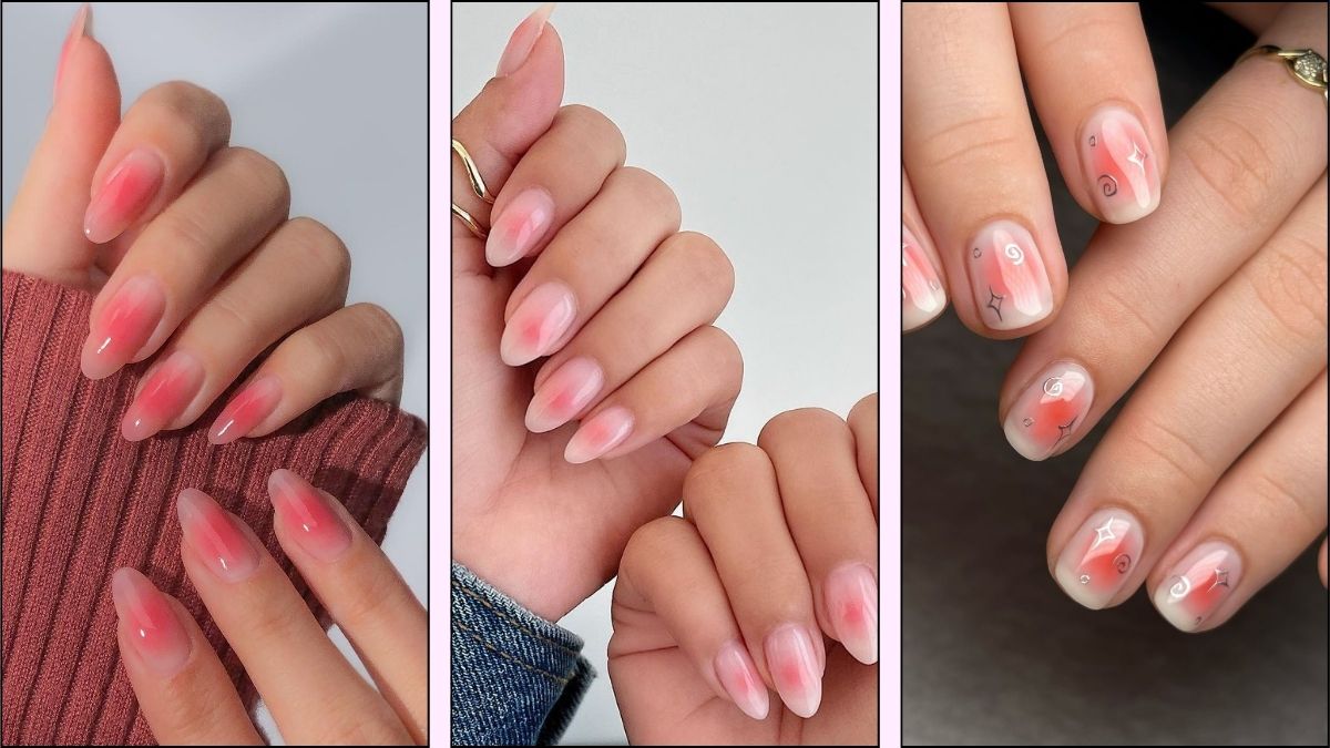 A collage of blush nail designs