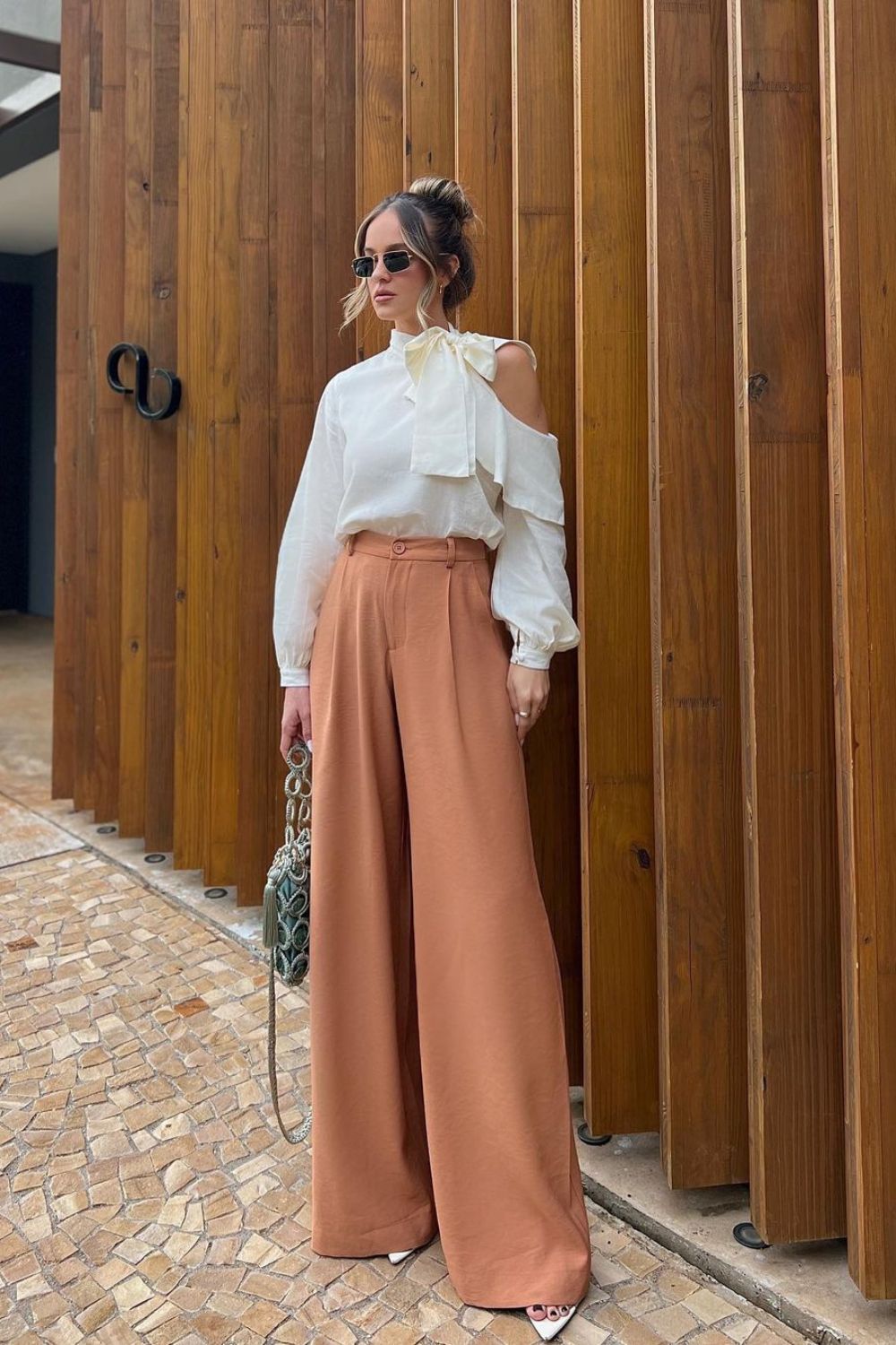 Bow-Tied Blouse & Terracotta Pants