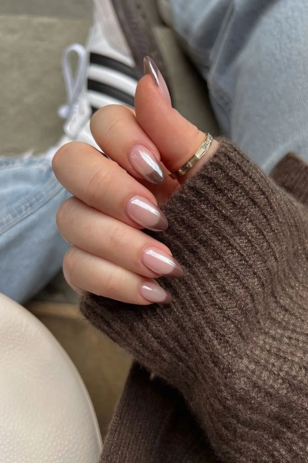 Brown French chrome manicure