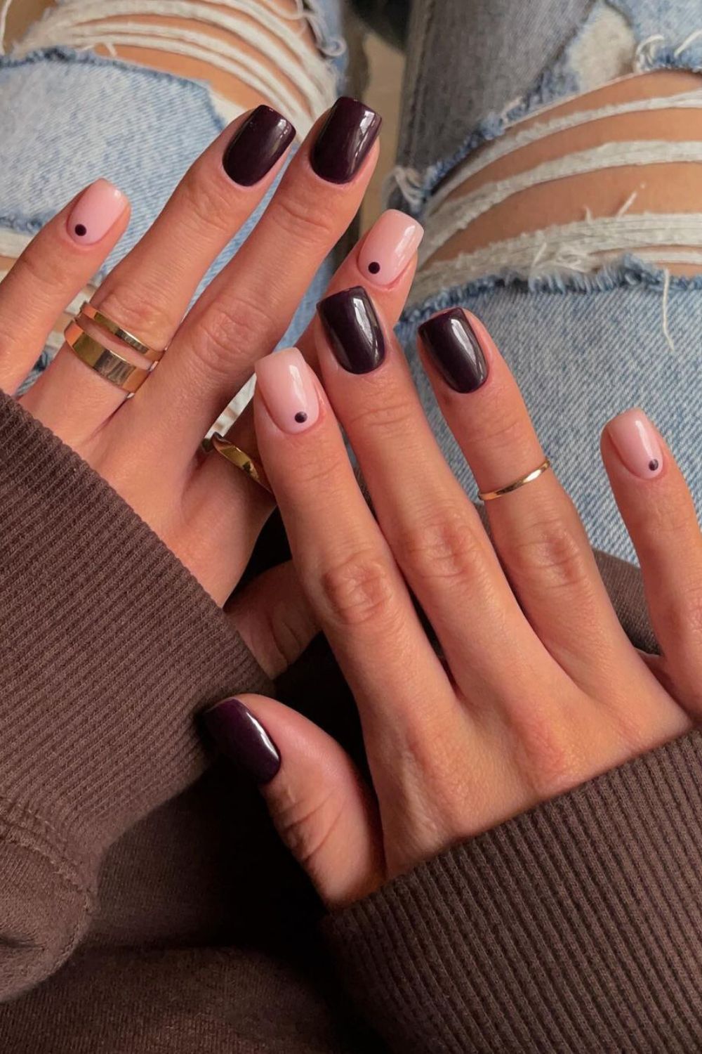 Brown and nude nails with dot accents