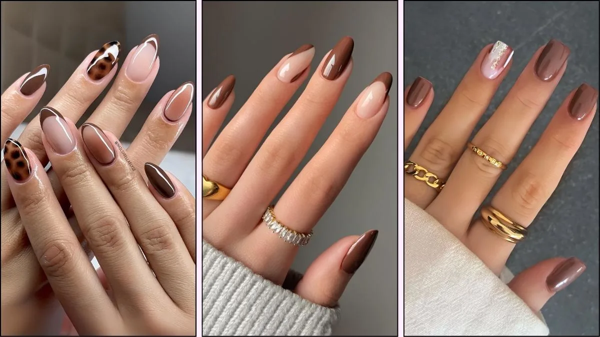 A collage of brown nail designs