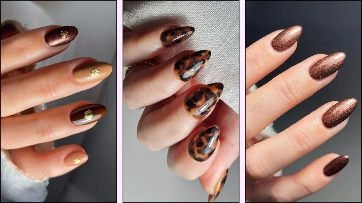 A collage of brown nail designs