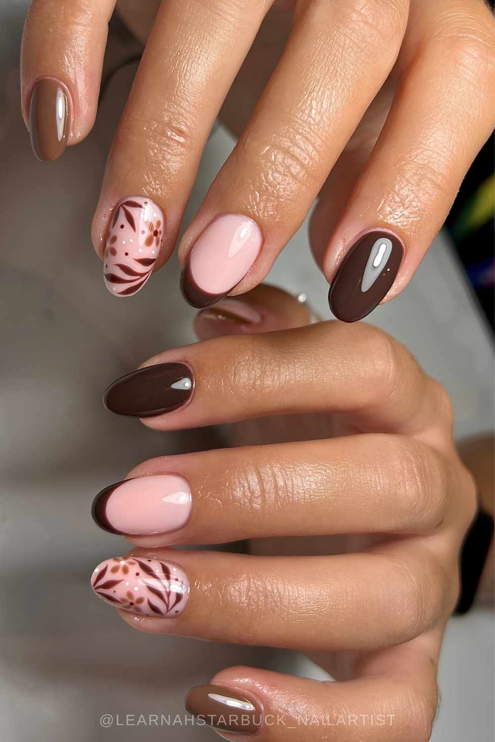 Brown nails with fall leaves and flowers