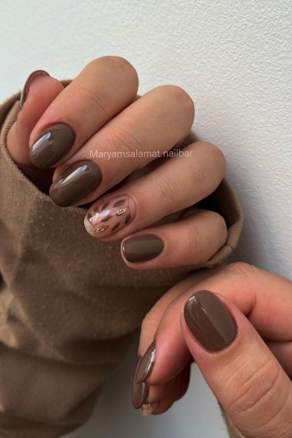 Brown nails with leaf design in accent nail